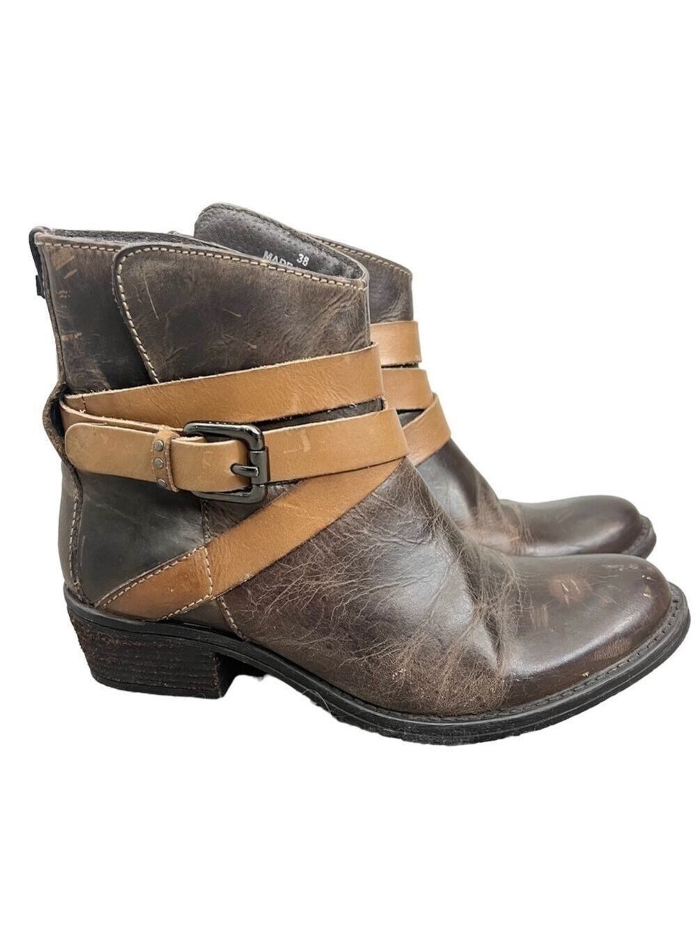 RUDSAK brown leather distressed buckle moto ankle boots 38